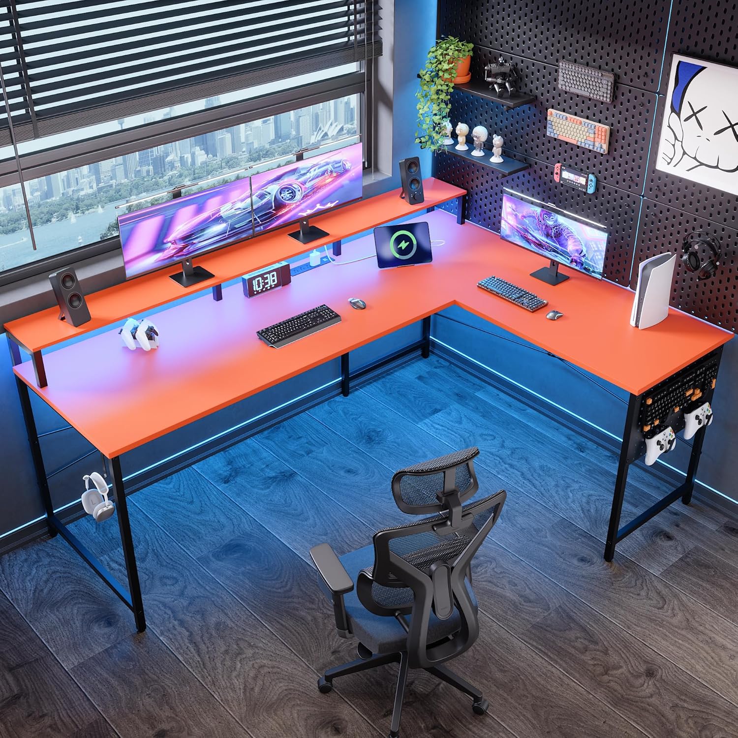 Pamray 64 Inch L Shaped Gaming Desk with Power Outlets