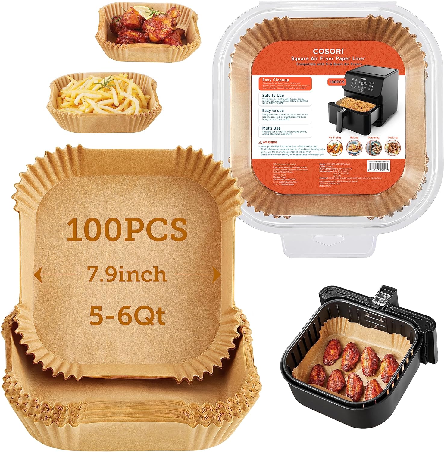 COSORI Square Air Fryer Liners - Non-Stick & Easy Clean, 100 PCS