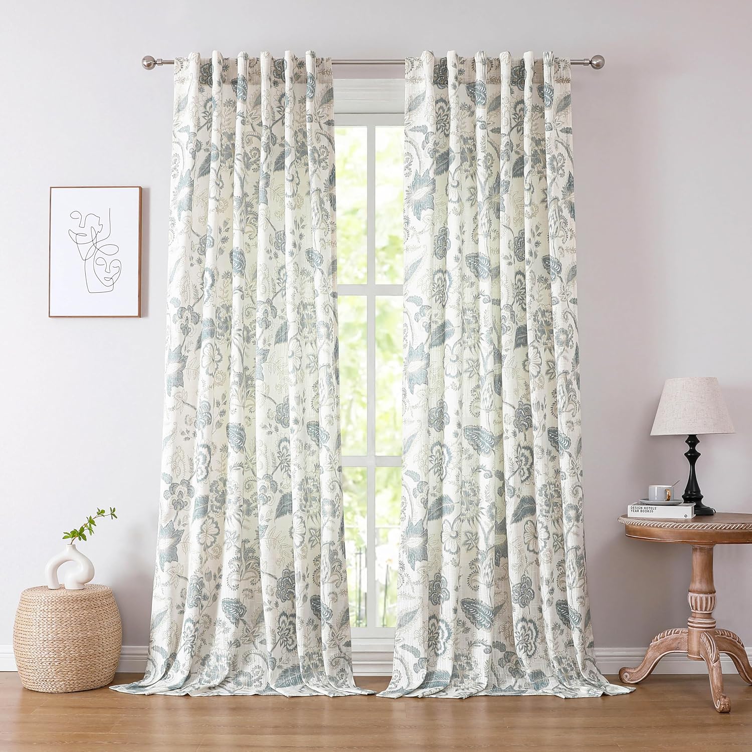 Blue Grey Curtain Panels with Botanical Leaf Print for Home Decor