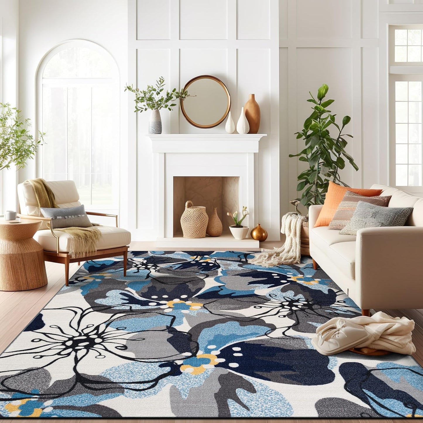 Rugshop Gray Large Floral Non-Slip Area Rug for Living Spaces