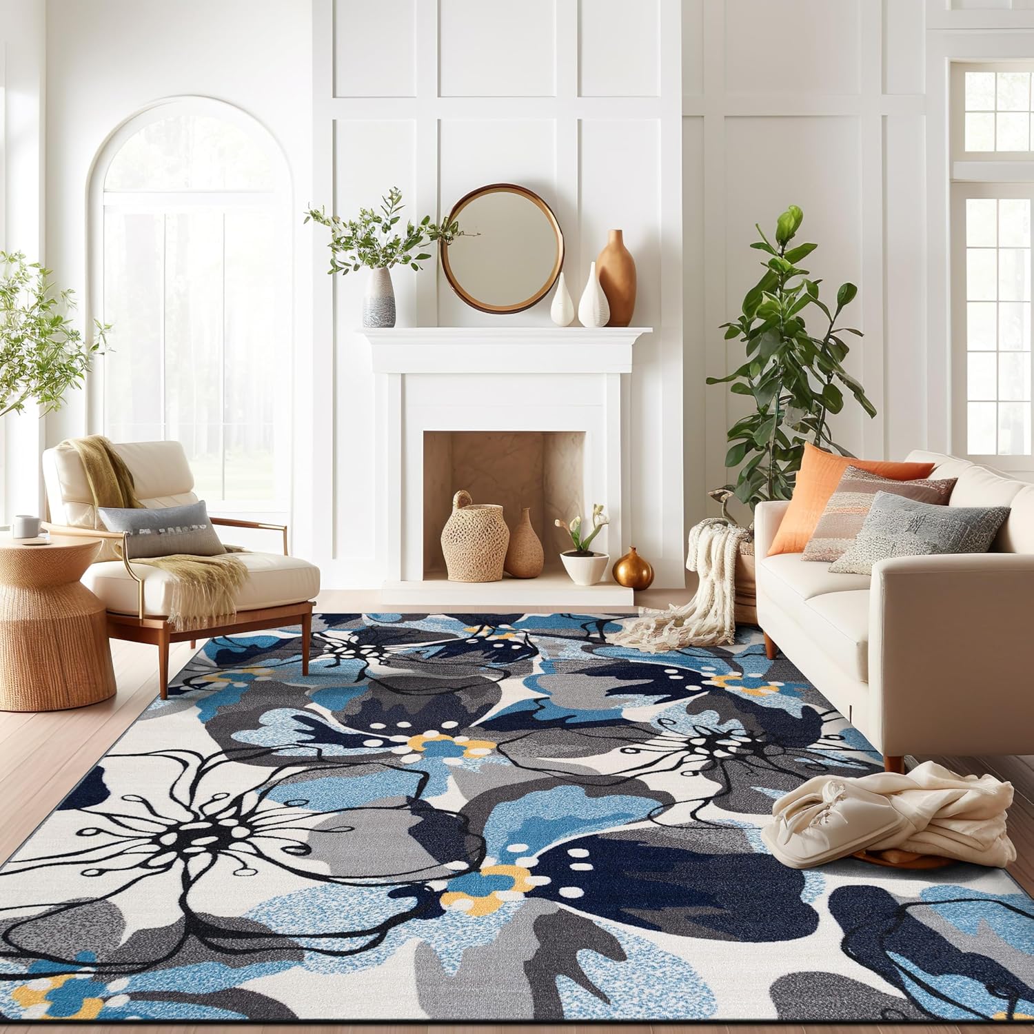 Rugshop Gray Large Floral Non-Slip Area Rug for Living Spaces