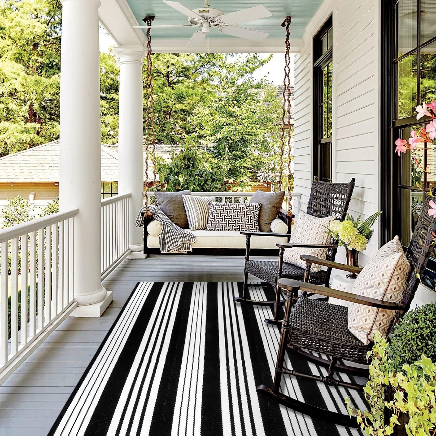 Outdoor Rug 5ftX7ft for Fall Decor - Black and White Stripes