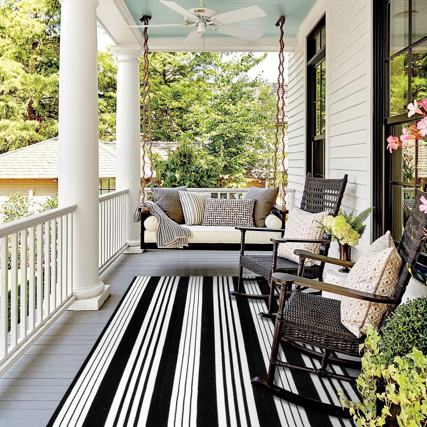 Outdoor Rug 5ftX7ft for Fall Decor - Black and White Stripes