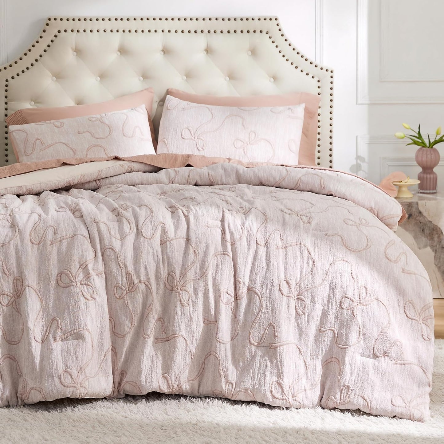 Bedsure Twin Size Comforter Set with Pink Boho Tufted Design