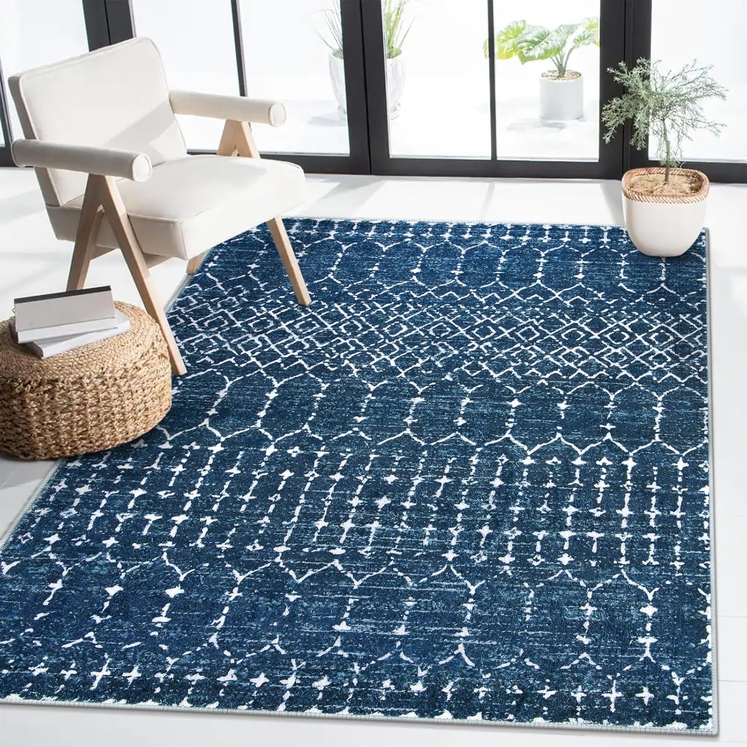 Lahome Moroccan Blue Area Rug 5x7 - Soft Non-Slip Living Room Rug