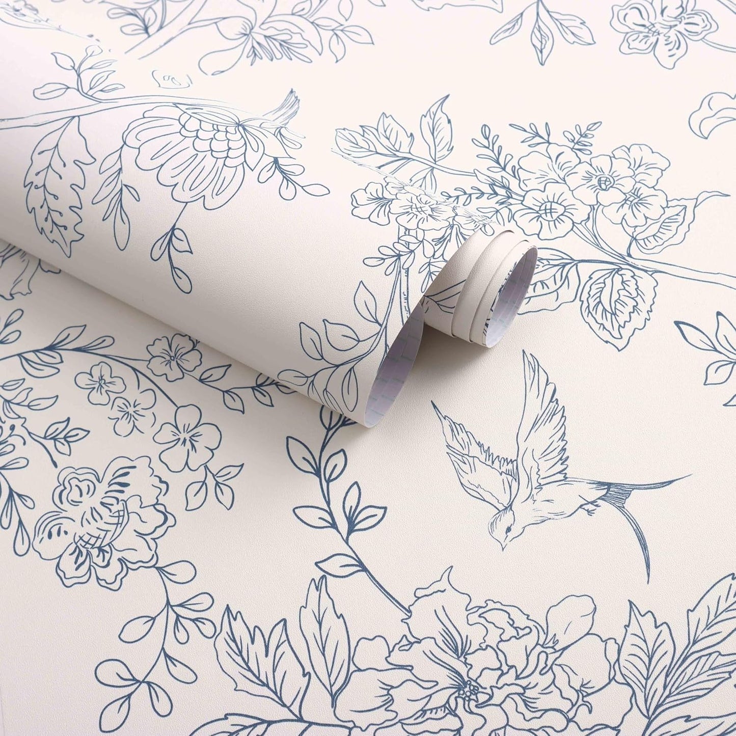 Floral Cream White and Blue Wallpaper for Vintage Home Decor