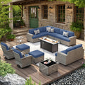 Denim Blue Outdoor Sectional Patio Furniture Set with Fire Pit - Extra