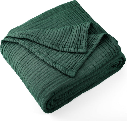 100% Cotton Muslin Throw Blanket for All Seasons in Dark Green