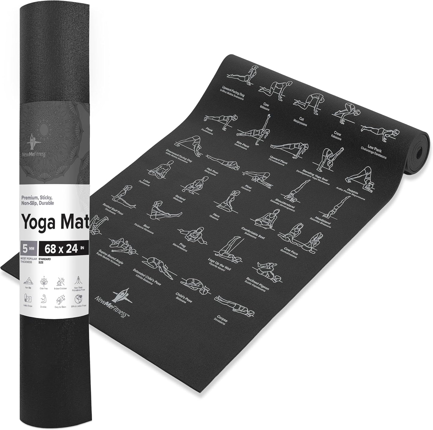 NewMe 5mm Thick Yoga Mat - Non Slip, 70 Poses Print - Home & Gym