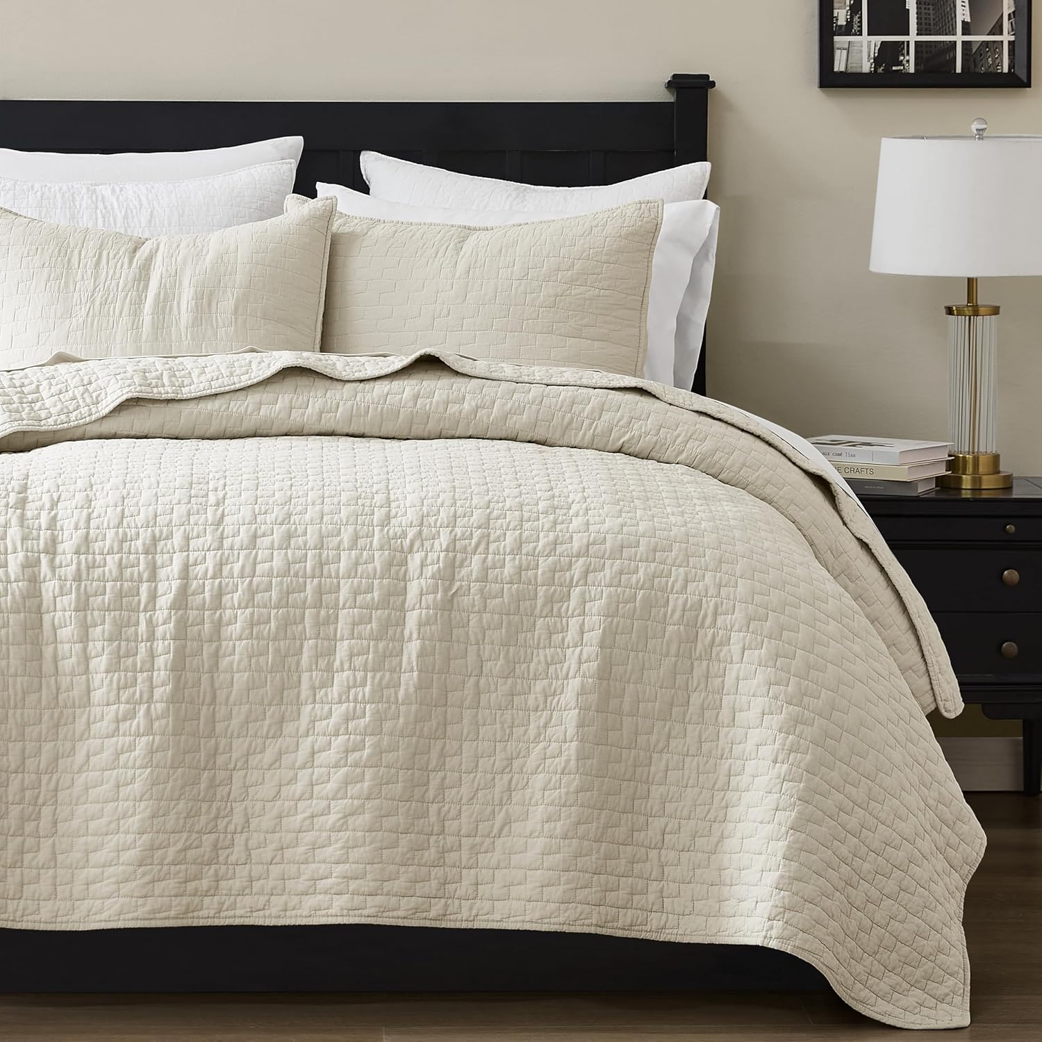 Palassio Beige 100% Cotton Quilt Cal King Size Bedding Set