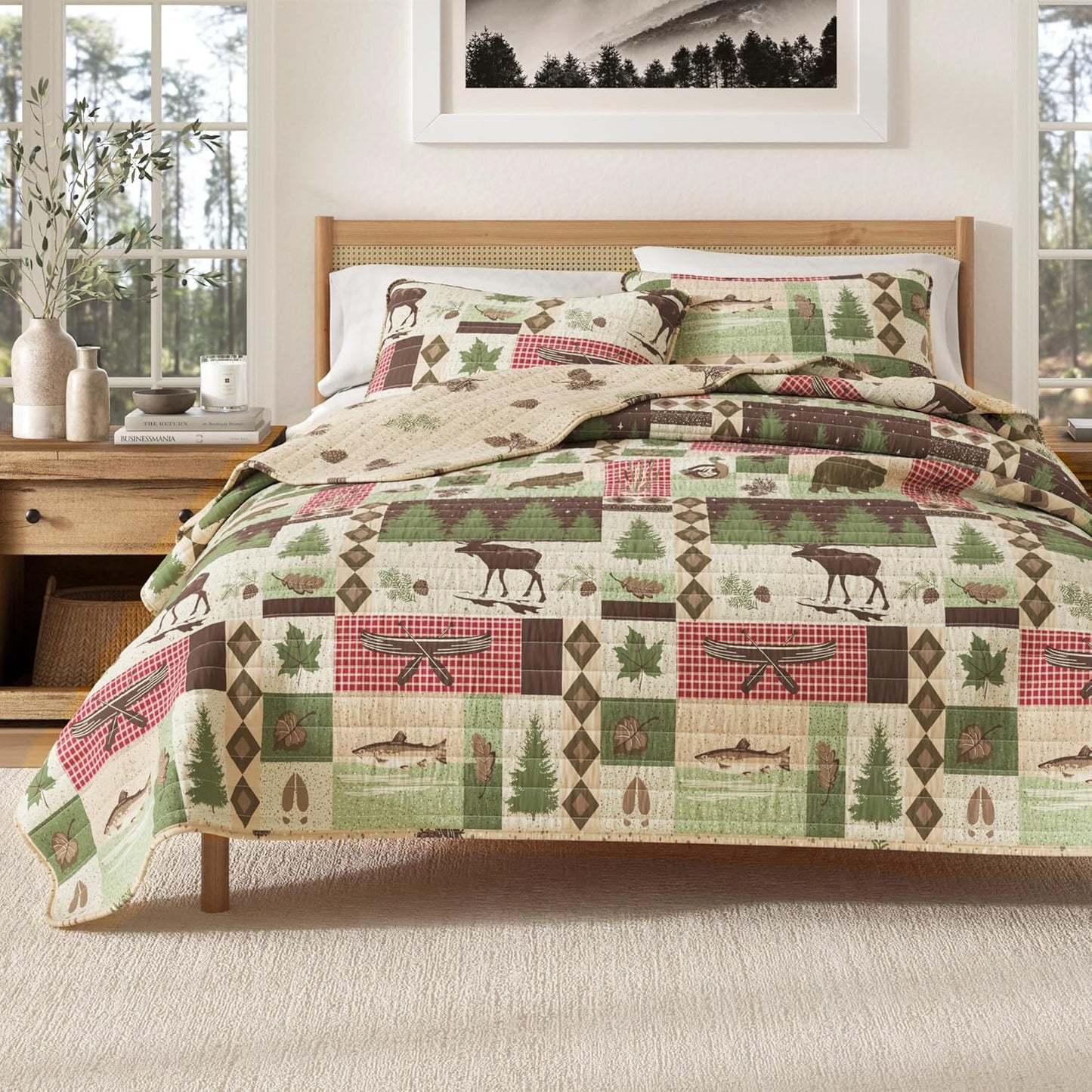 Reversible Rustic Lodge King Size Quilt Set with Shams