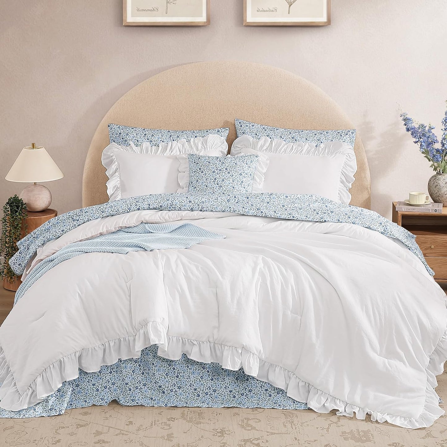 Full Comforter Set - 7 Pieces Ruffle White Bedding for Cozy Rooms
