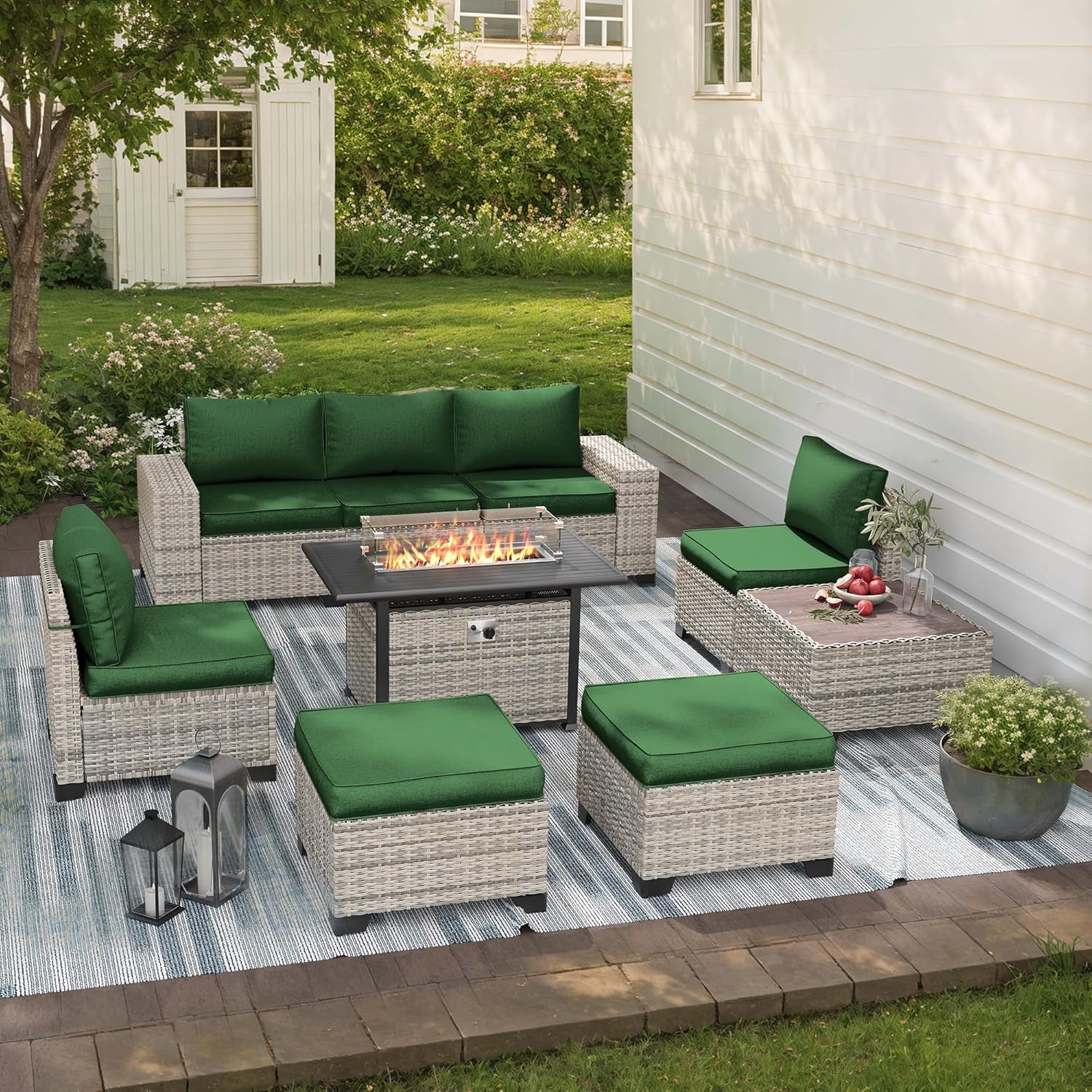 9-Piece Outdoor Patio Furniture Set with Fire Pit Table