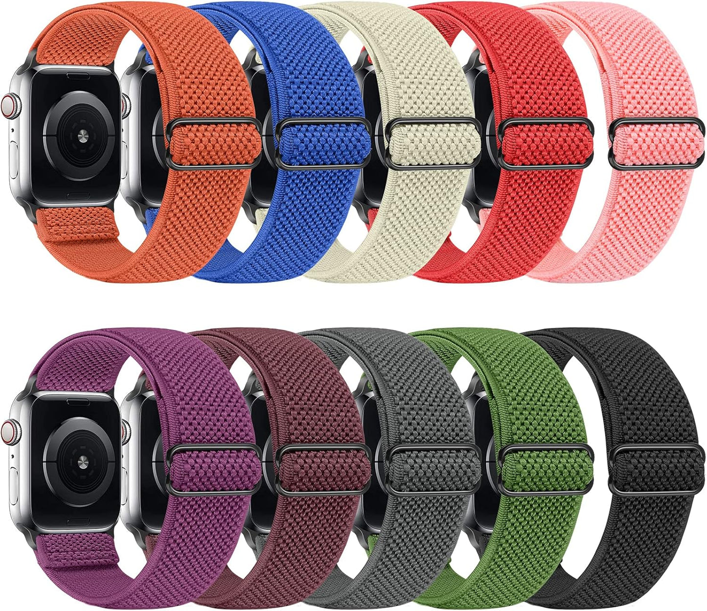 Tiptops 10-Pack Elastic Sports Watch Bands for Apple Watch - Adjustable Length, Stretch Nylon Strap