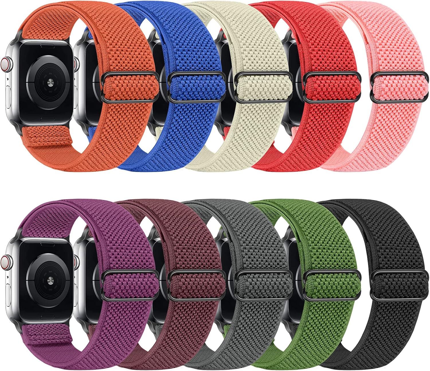 Tiptops 10-Pack Elastic Sports Watch Bands for Apple Watch - Adjustable Length, Stretch Nylon Strap