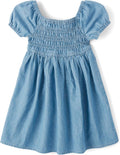 Baby Girls Short Sleeve Casual Dress - Smocked Denim Style
