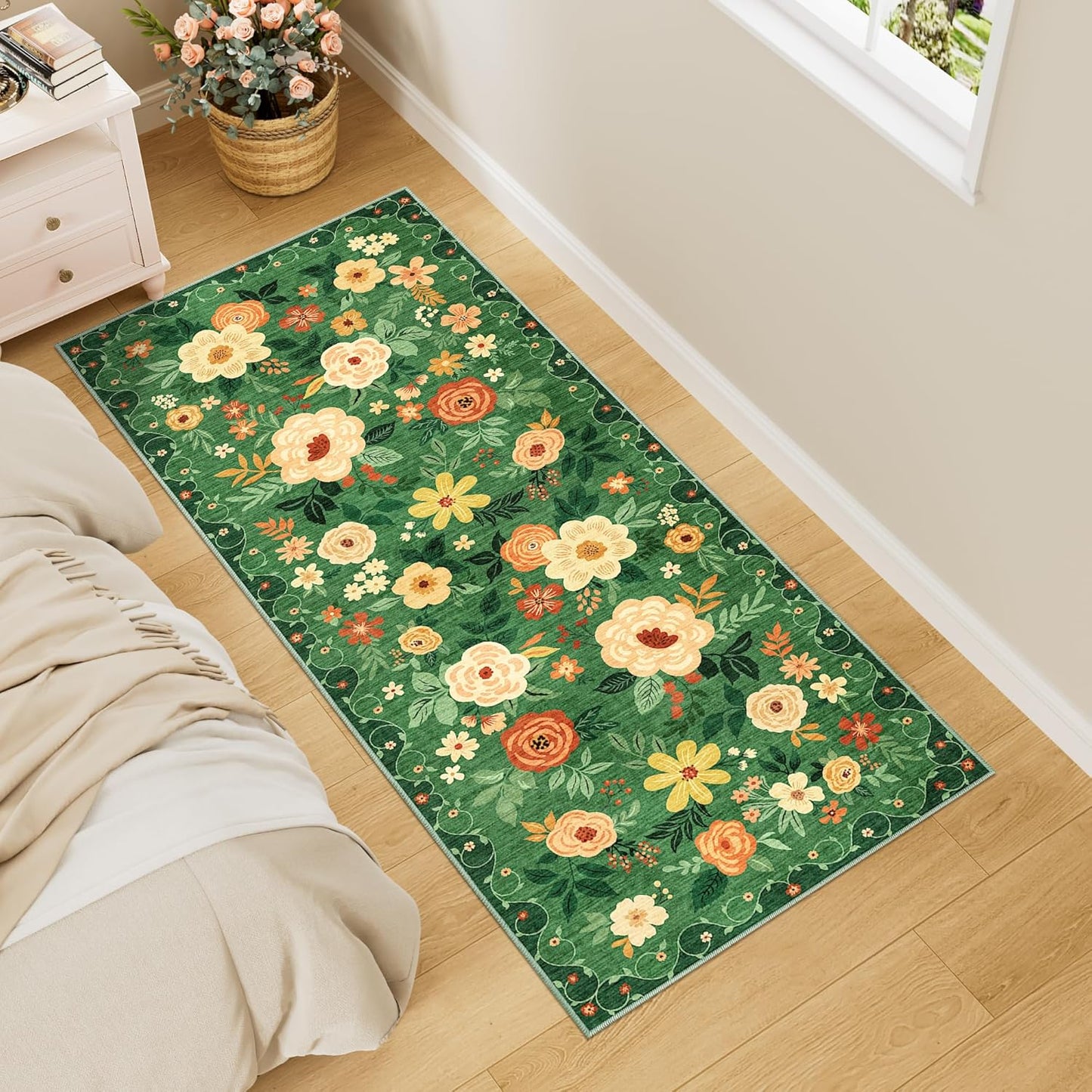 DUKINO 2x5 Runner Rug for Hallway - Soft Boho Floral Design