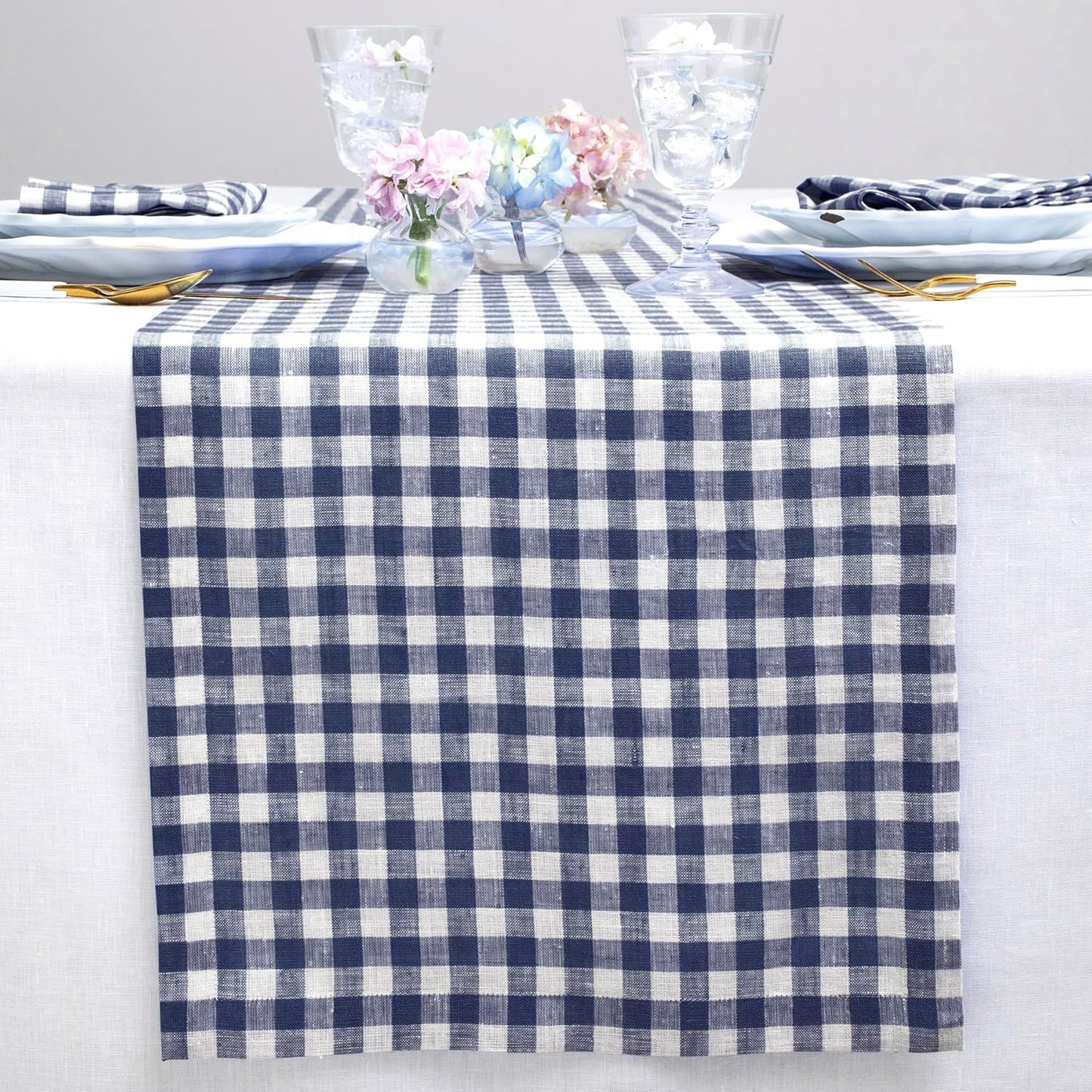 Navy Blue Gingham Table Runner 14 x 90 Inch for Stylish Dining