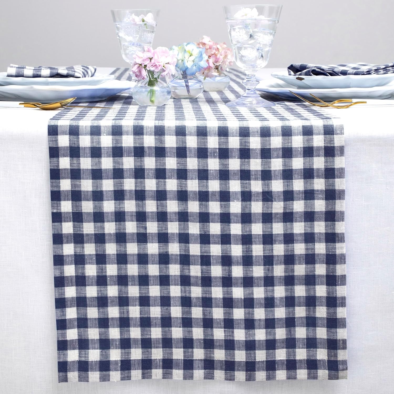 Navy Blue Gingham Table Runner 14 x 90 Inch for Stylish Dining