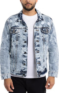 X RAY Mens Denim Jacket Washed Ripped Distressed - Casual Trucker Run