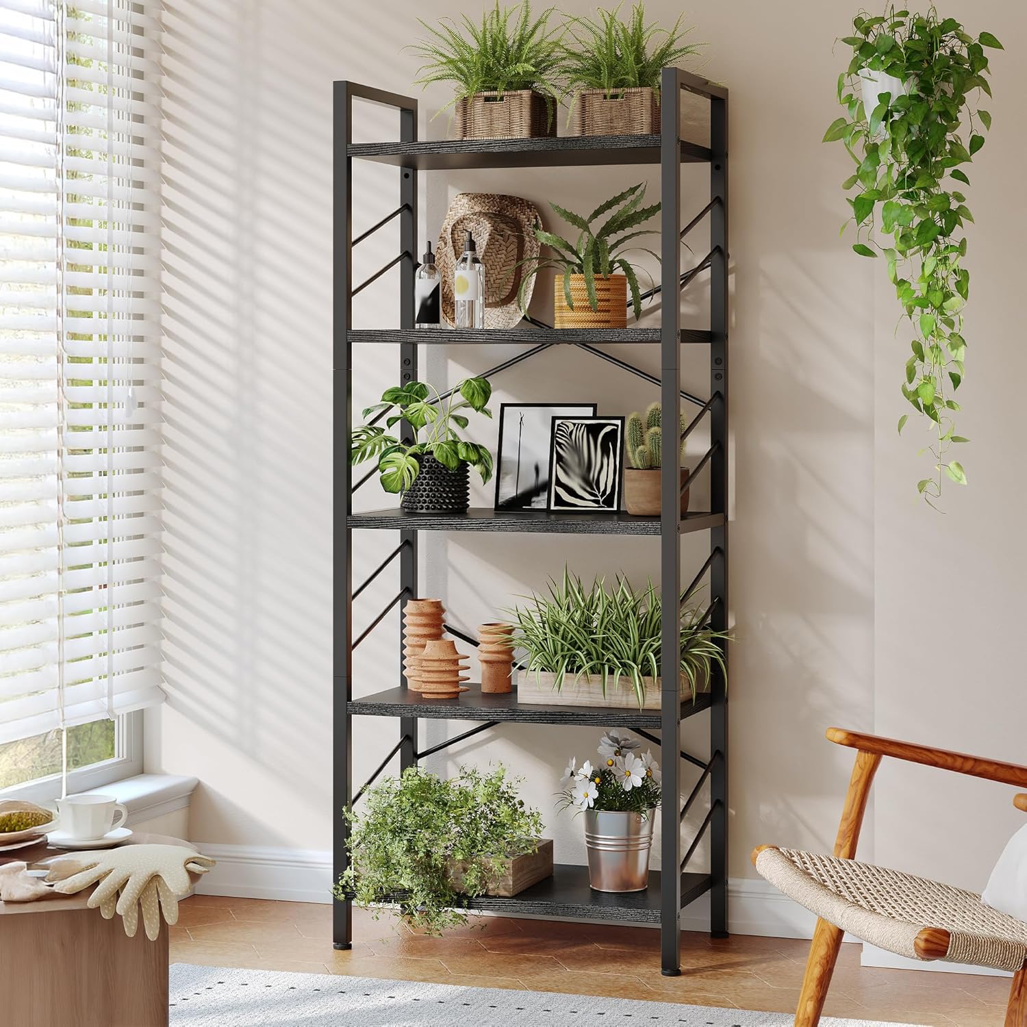 5 Tier Bookshelf with Metal Frame for Modern Home Decor