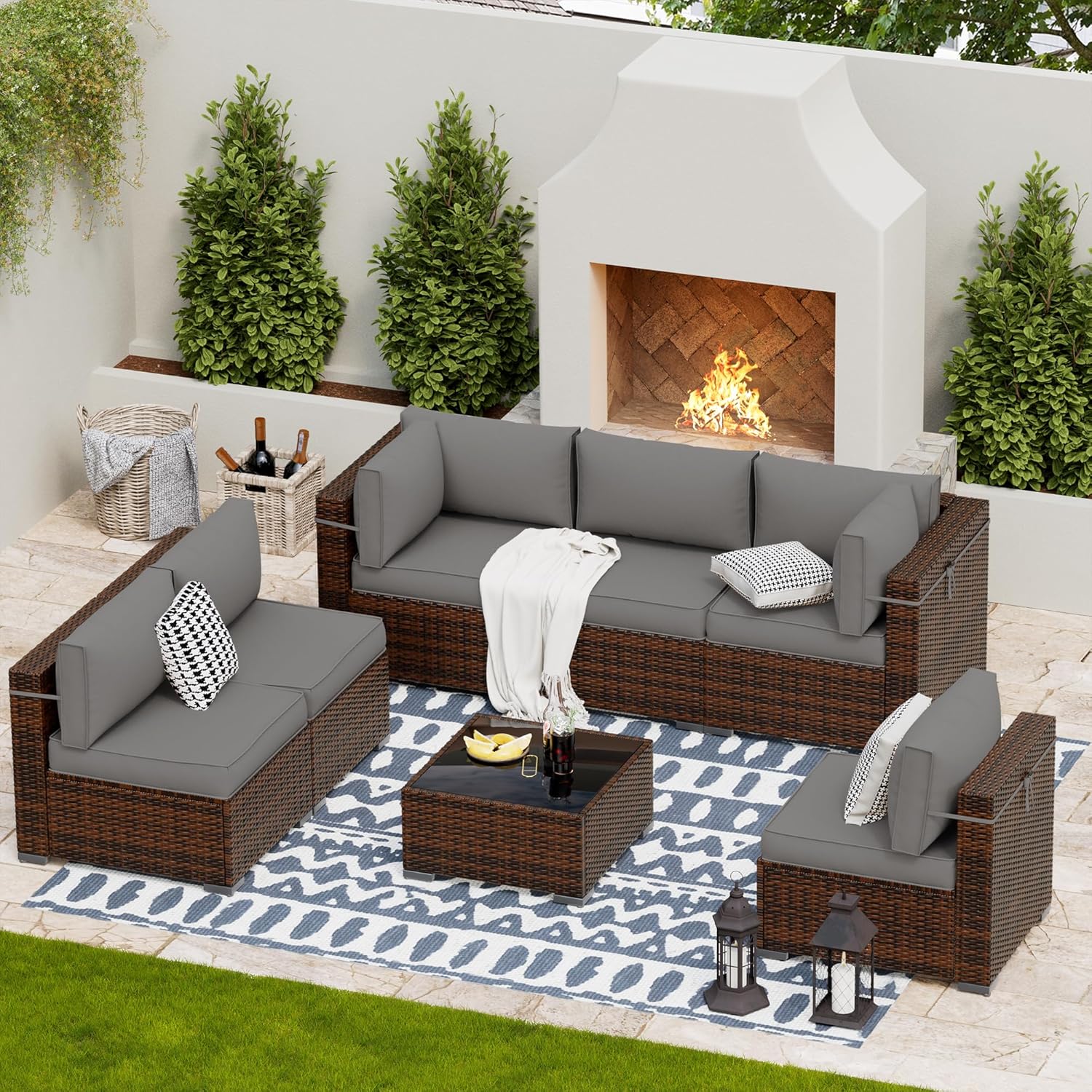 7pc Modular Rattan Patio Set w/ Cover