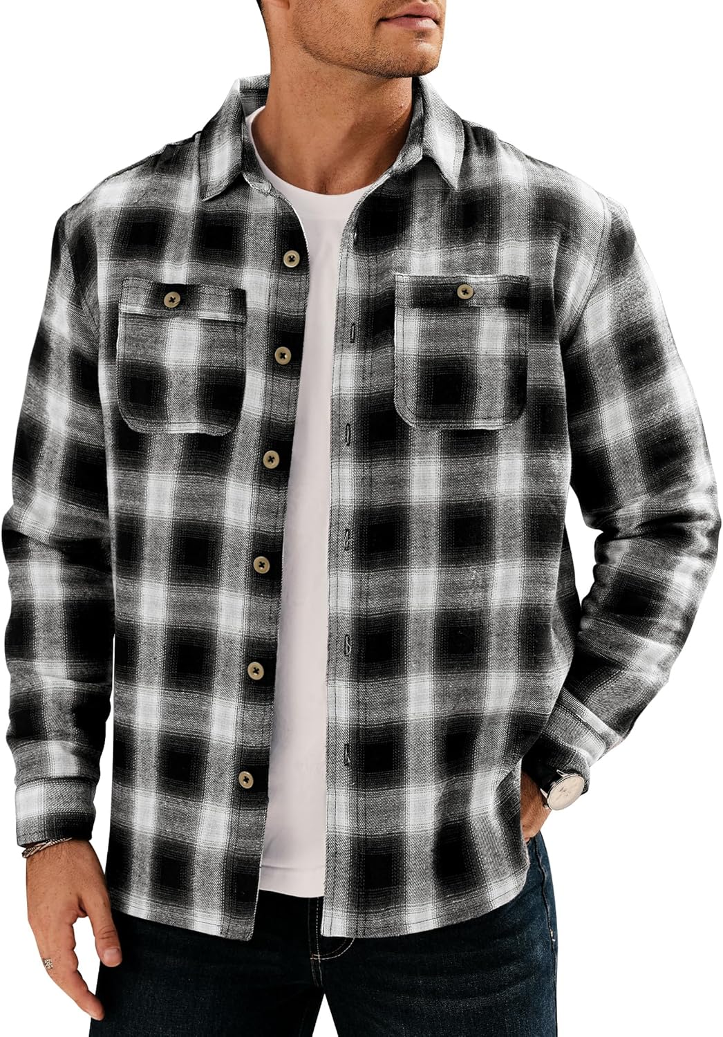Men Fleece-Lined Button Shirt Flannel Plaid Warm Jacket