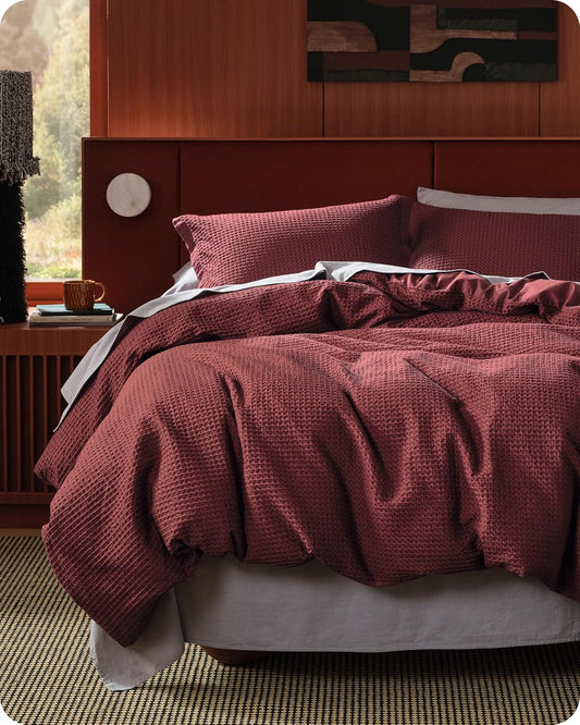 Bedsure Cotton Duvet Cover Queen - Waffle Weave Maroon Red