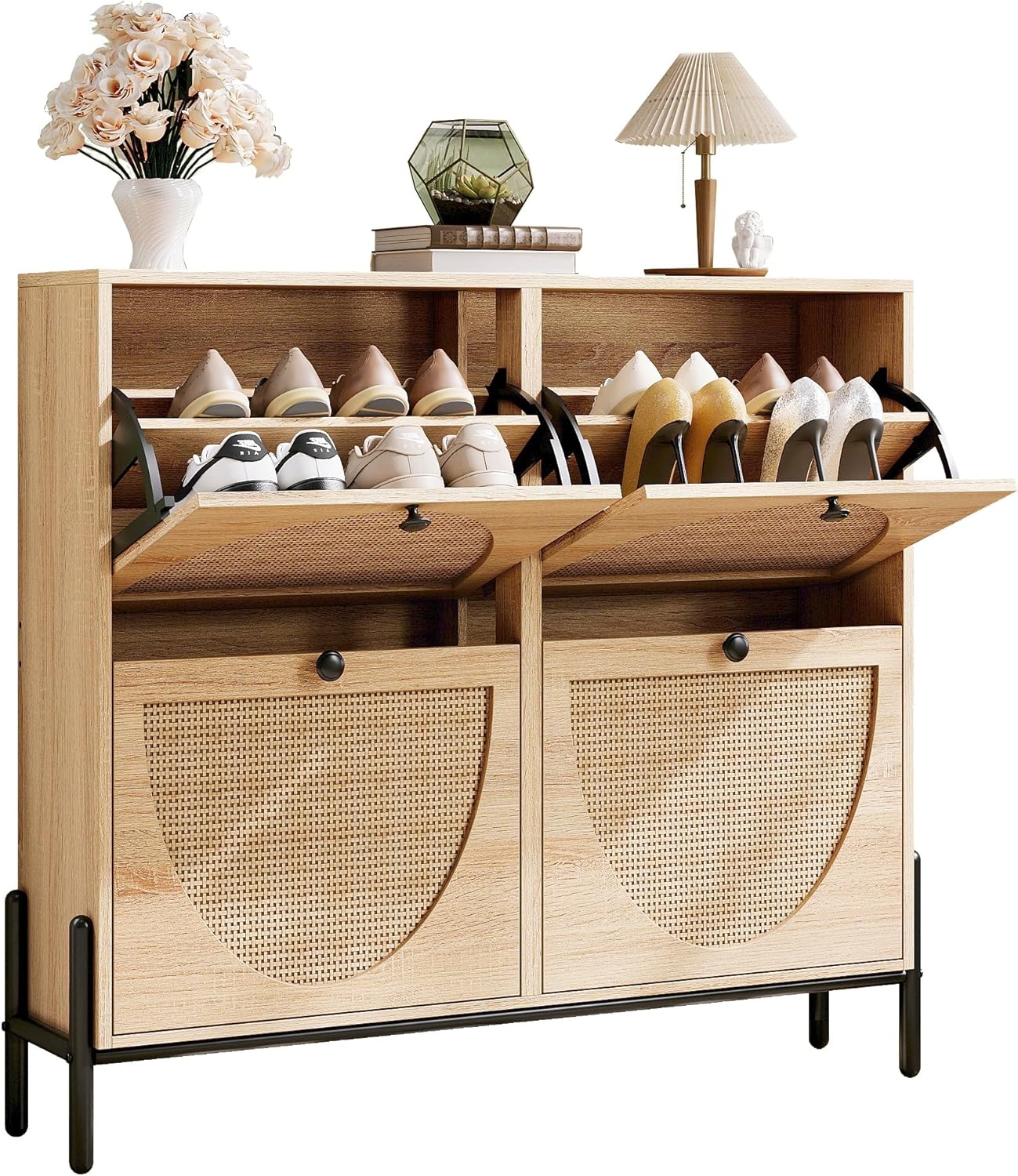 Rattan Shoe Cabinet with 4 Flip Drawers for Stylish Storage