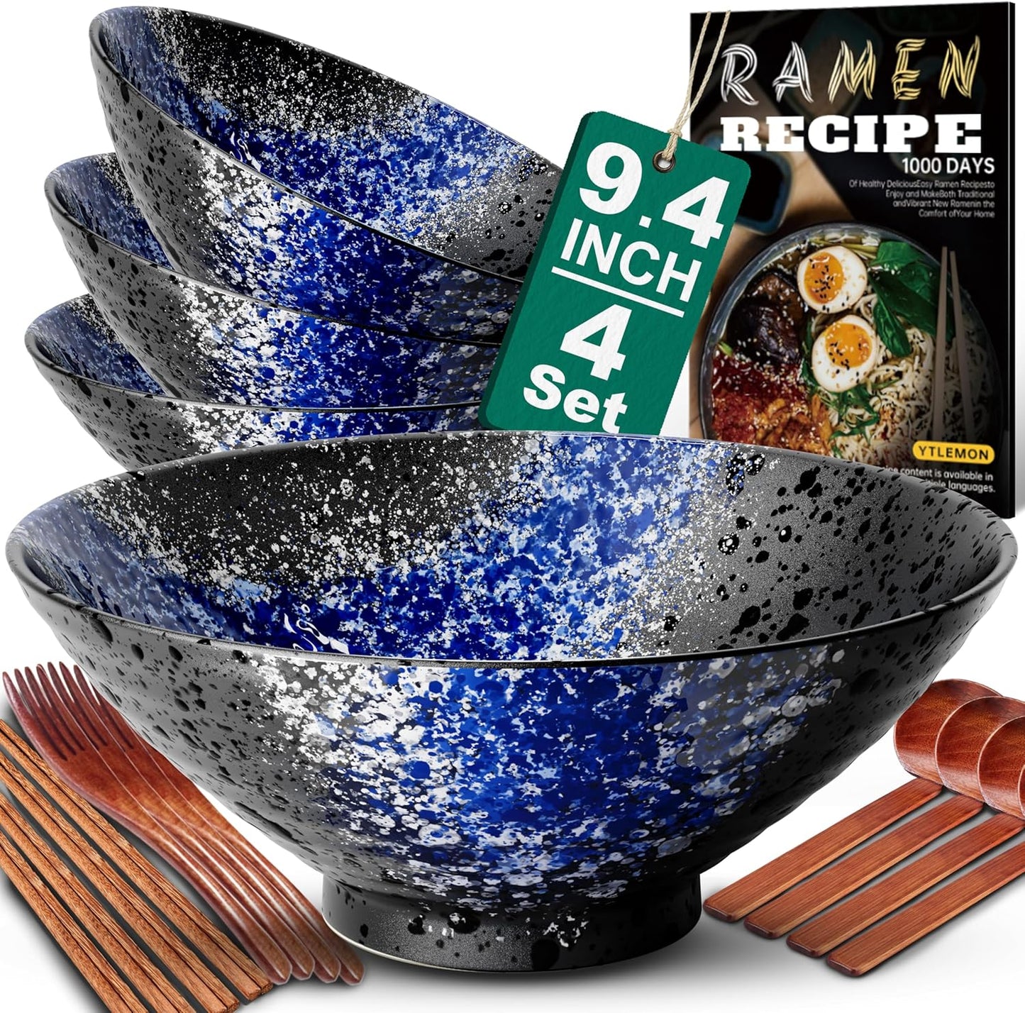 9.4Inch Ceramic Ramen Bowl Set of 4 for Noodles and Soup