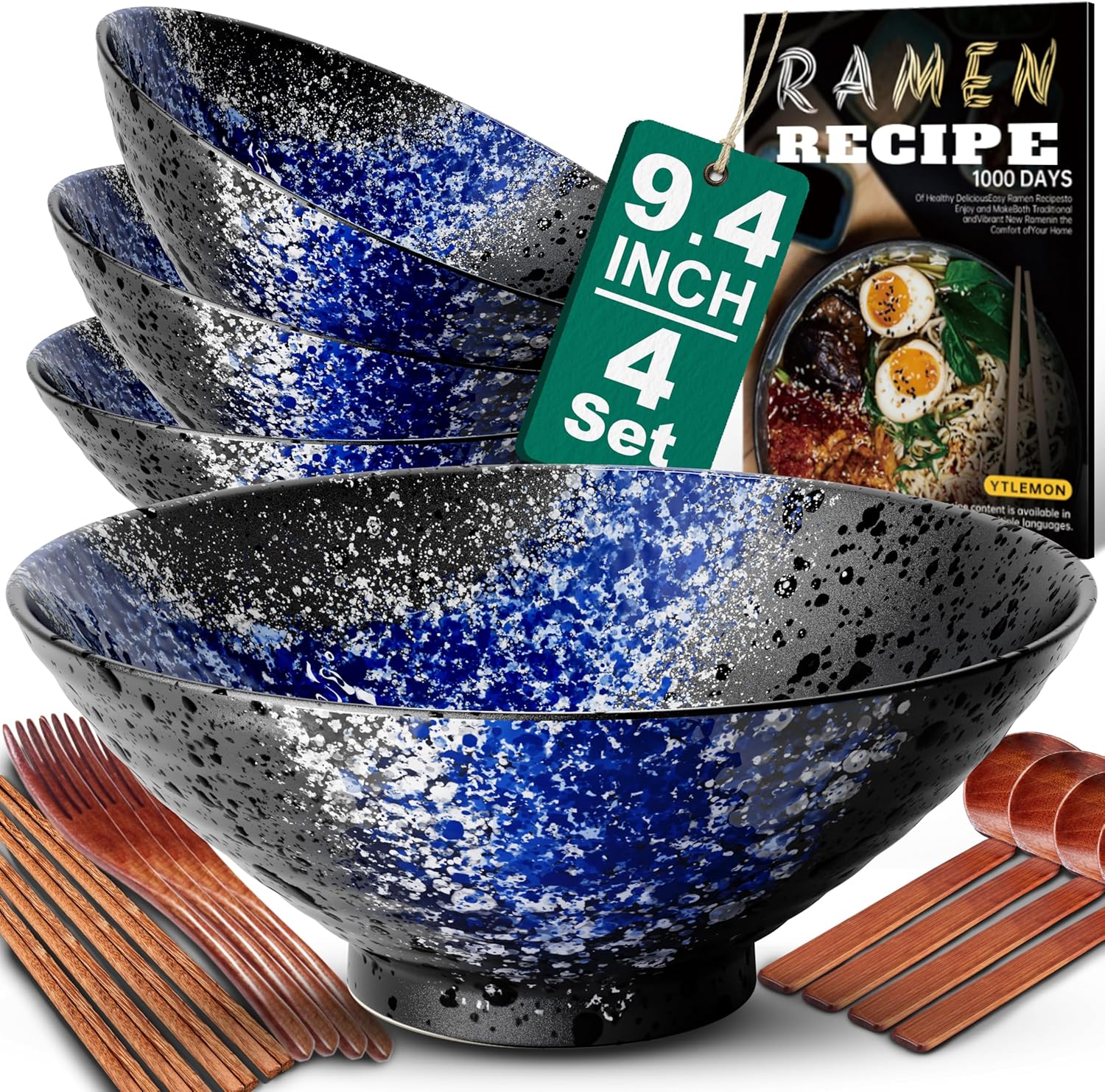 9.4Inch Ceramic Ramen Bowl Set of 4 for Noodles and Soup