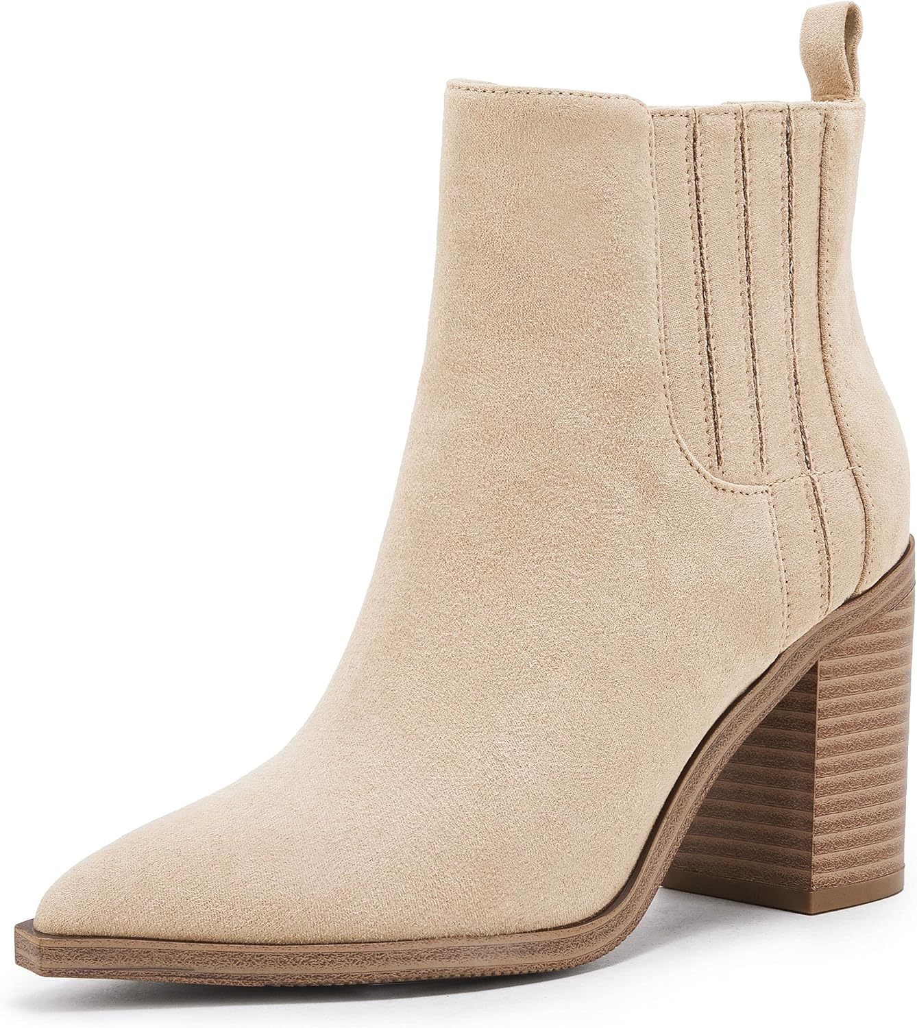 Womens Ankle Boots Slip on Pointed Toe Chunky Block Mid Heel