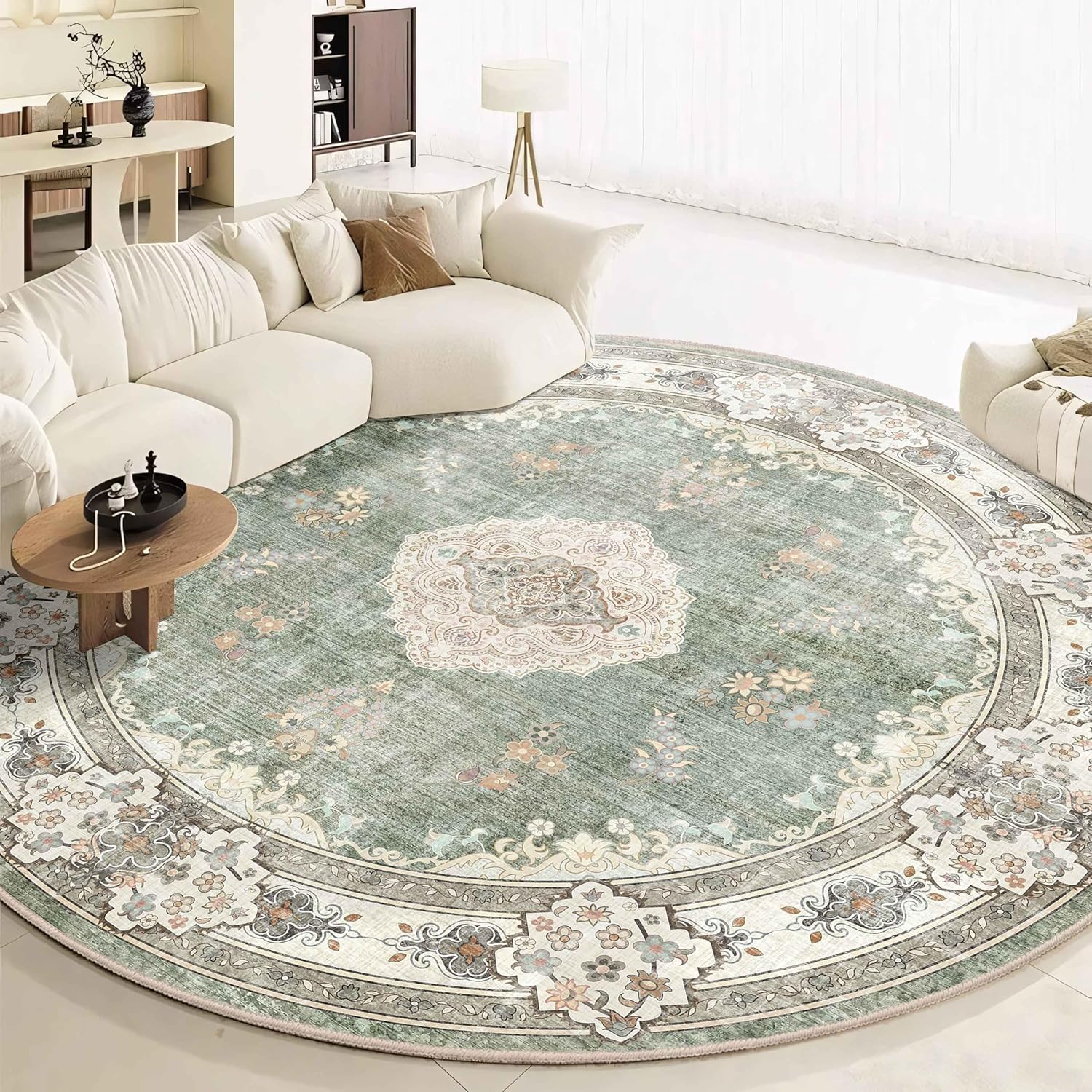MUJOO Green Round Rug 9ft - Large Washable Area Rug for Home