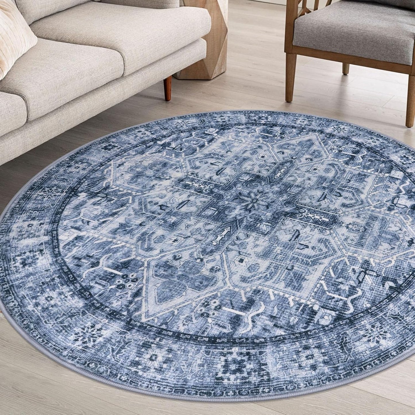 6ft Round Washable Rug for Entryway - Soft Blue Medallion Design