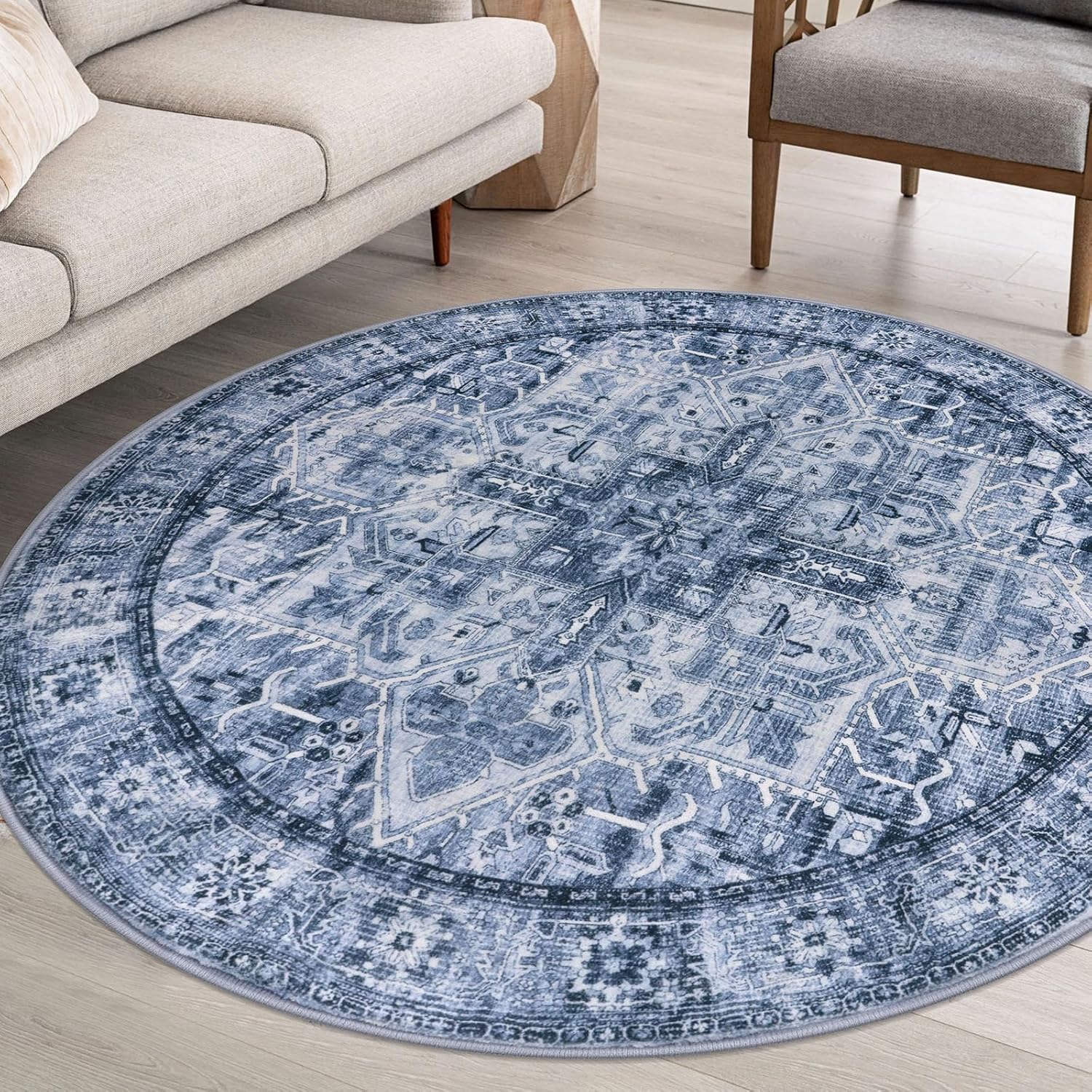 6ft Round Washable Rug for Entryway - Soft Blue Medallion Design