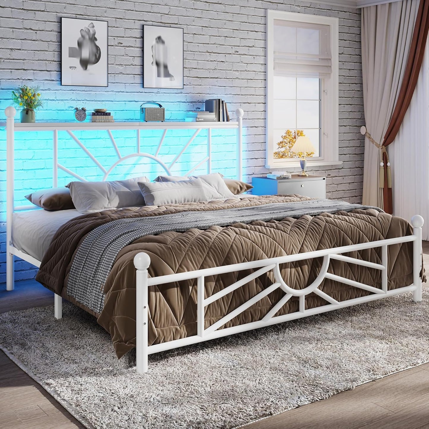 Queen Size Metal Platform Bed Frame with Storage and LED Light