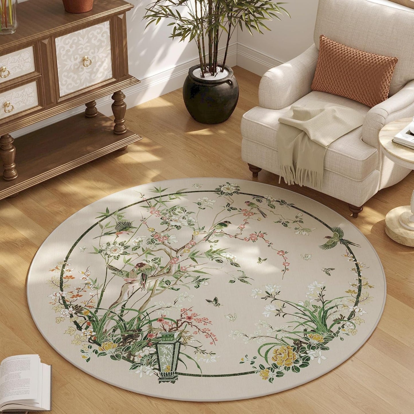 Chinoiserie-Style Floral Round Rug for Bedroom and Office