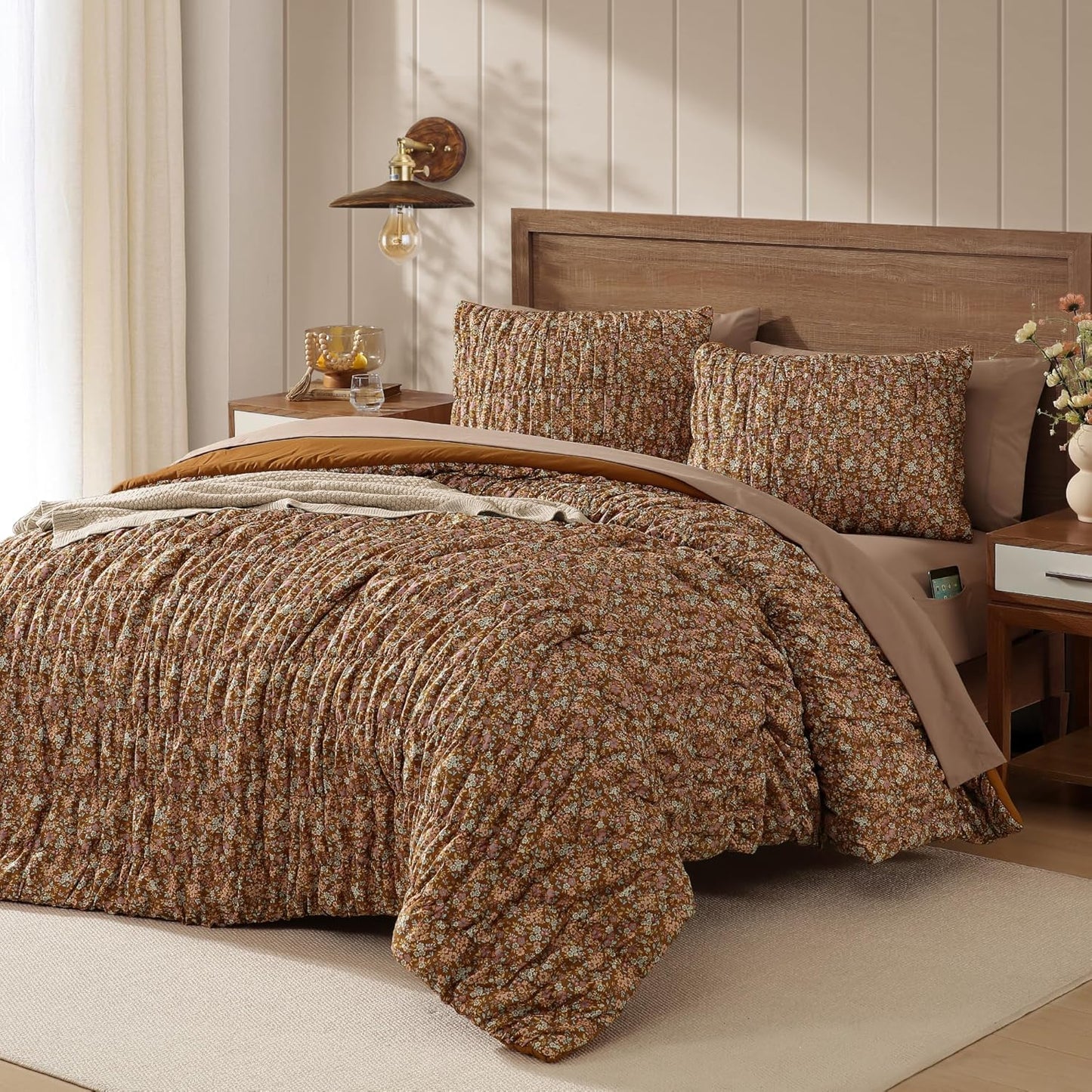 Full Size Comforter Sets - 7 Pieces Puff Brown Floral Bedding