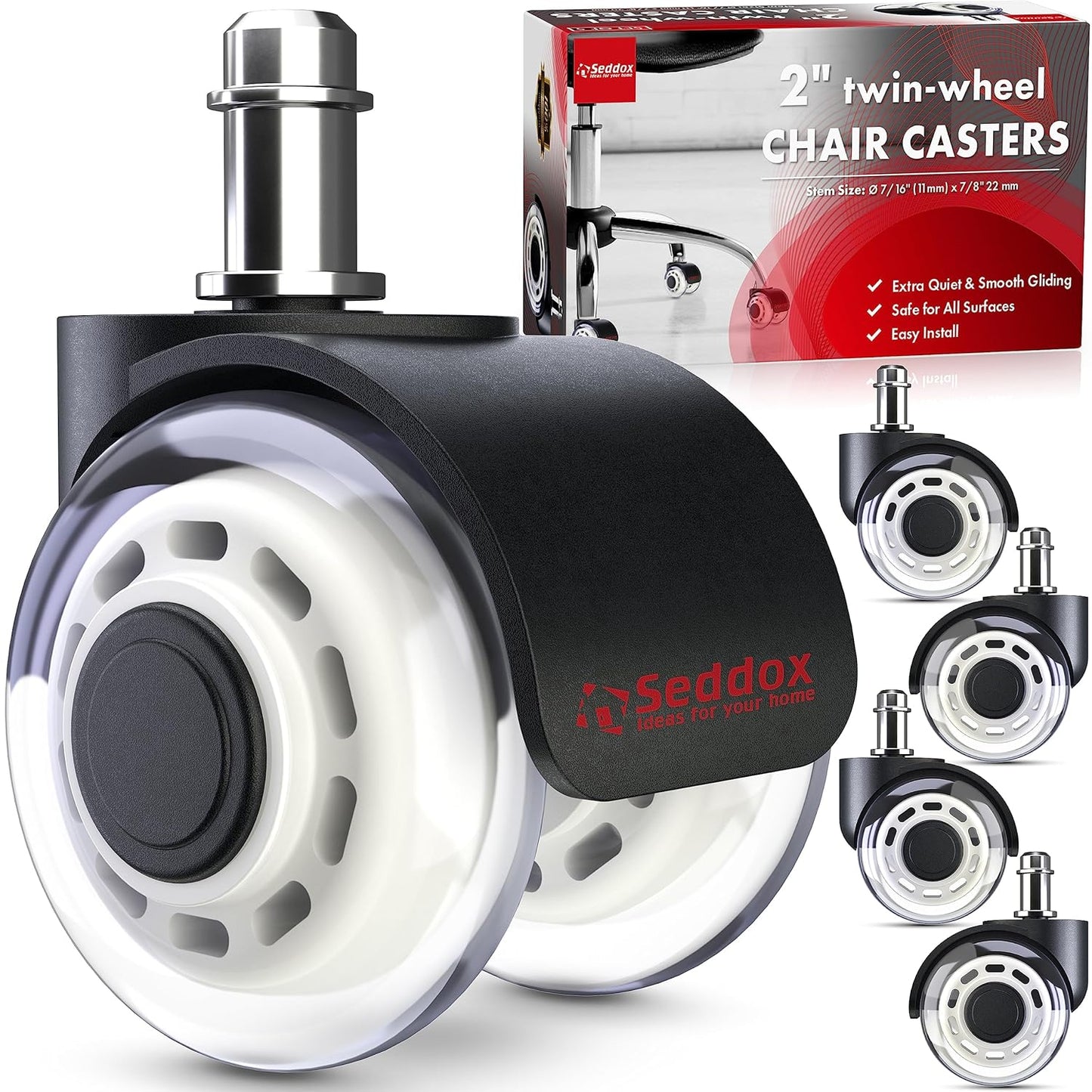 Office Chair Wheels Set - Dual 2 Soft Caster for All Floors - Seddox White