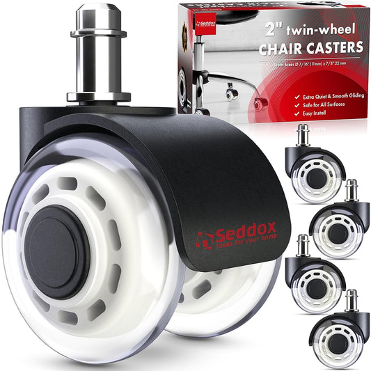 Office Chair Wheels Set - Dual 2 Soft Caster for All Floors - Seddox White