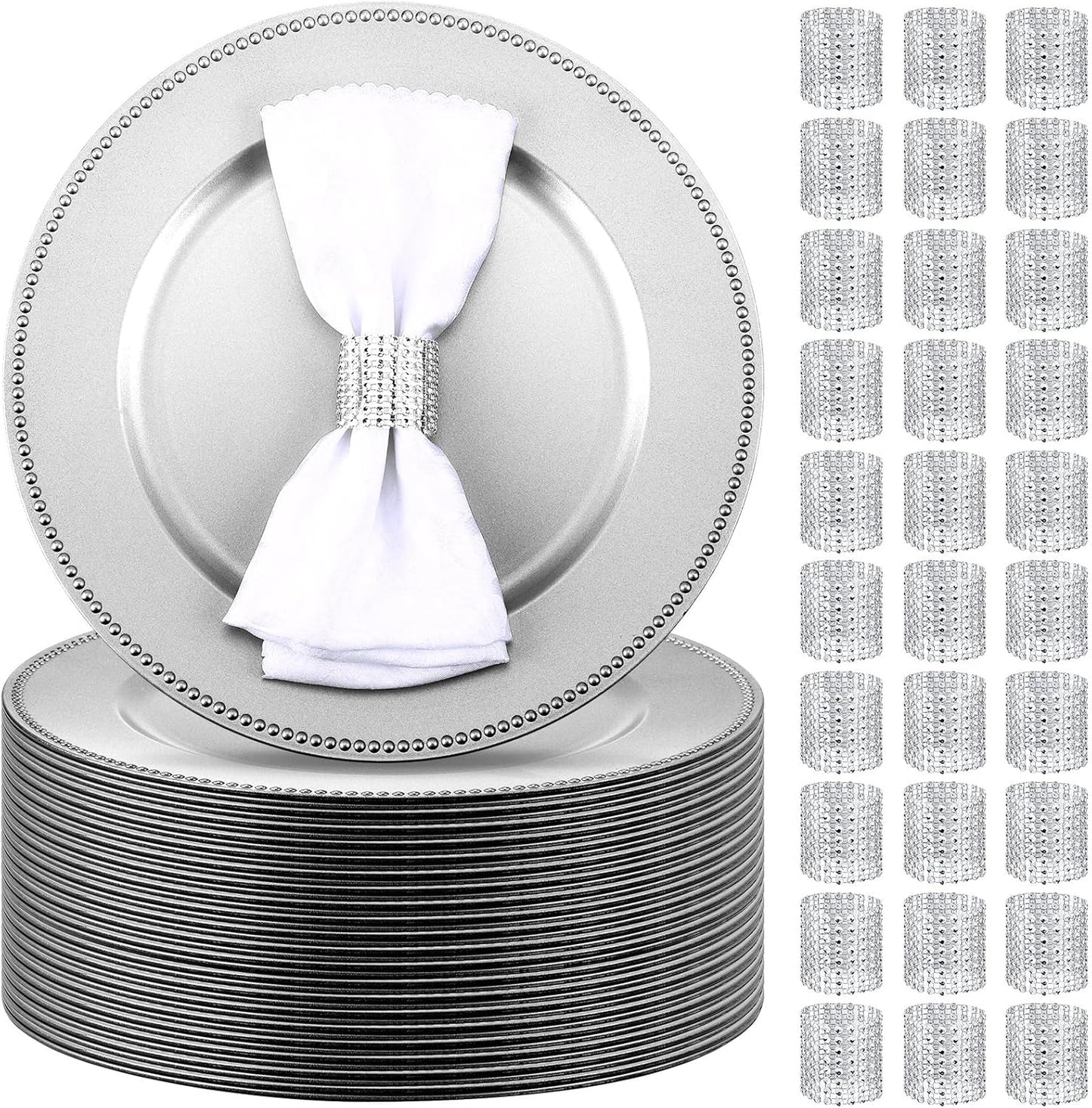 Elegant Silver Charger Plates Set - 100 Plates + Napkin Rings