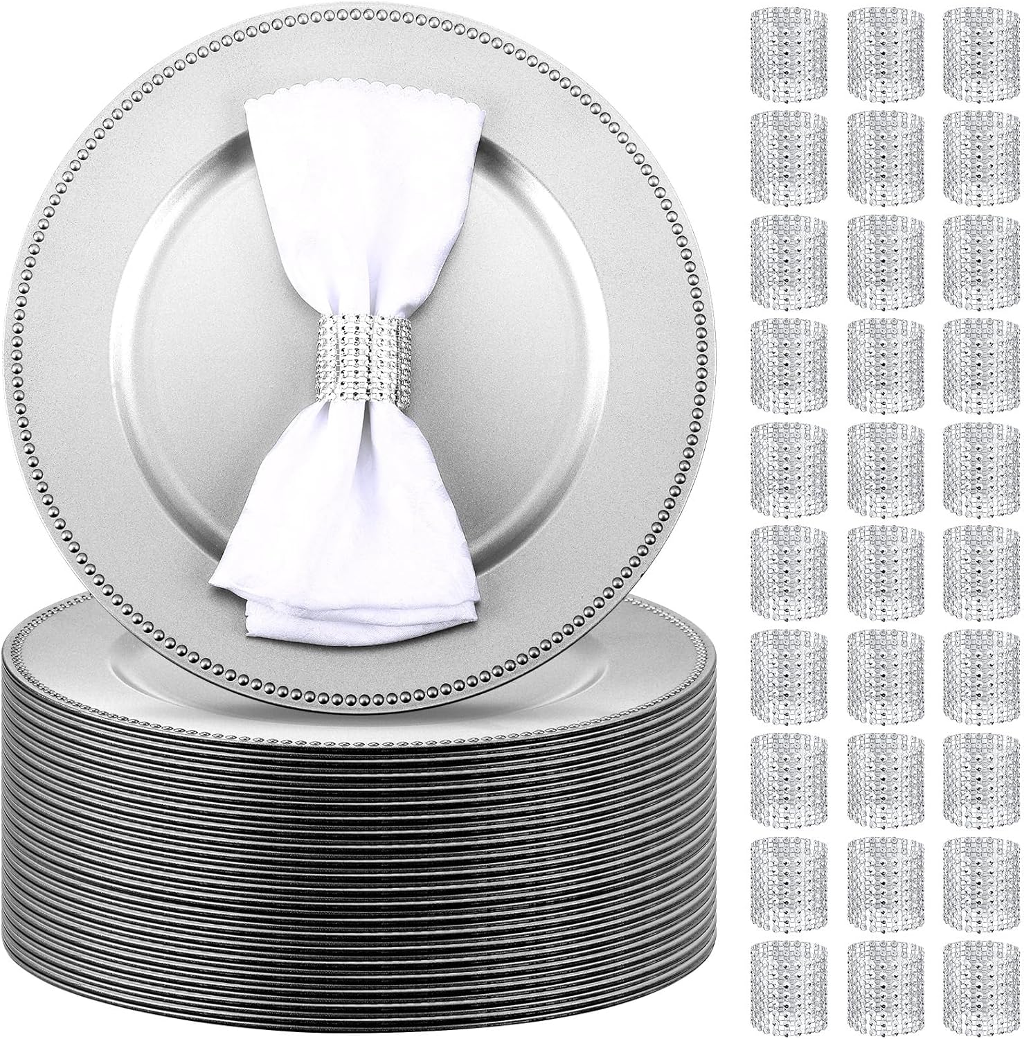 Elegant Silver Charger Plates Set - 100 Plates + Napkin Rings