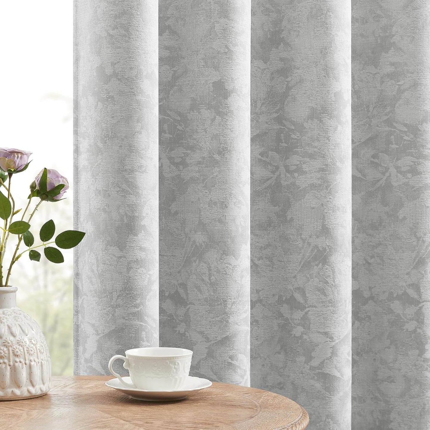 Beauoop Grey Floral Jacquard Blackout Curtains for Home Decor
