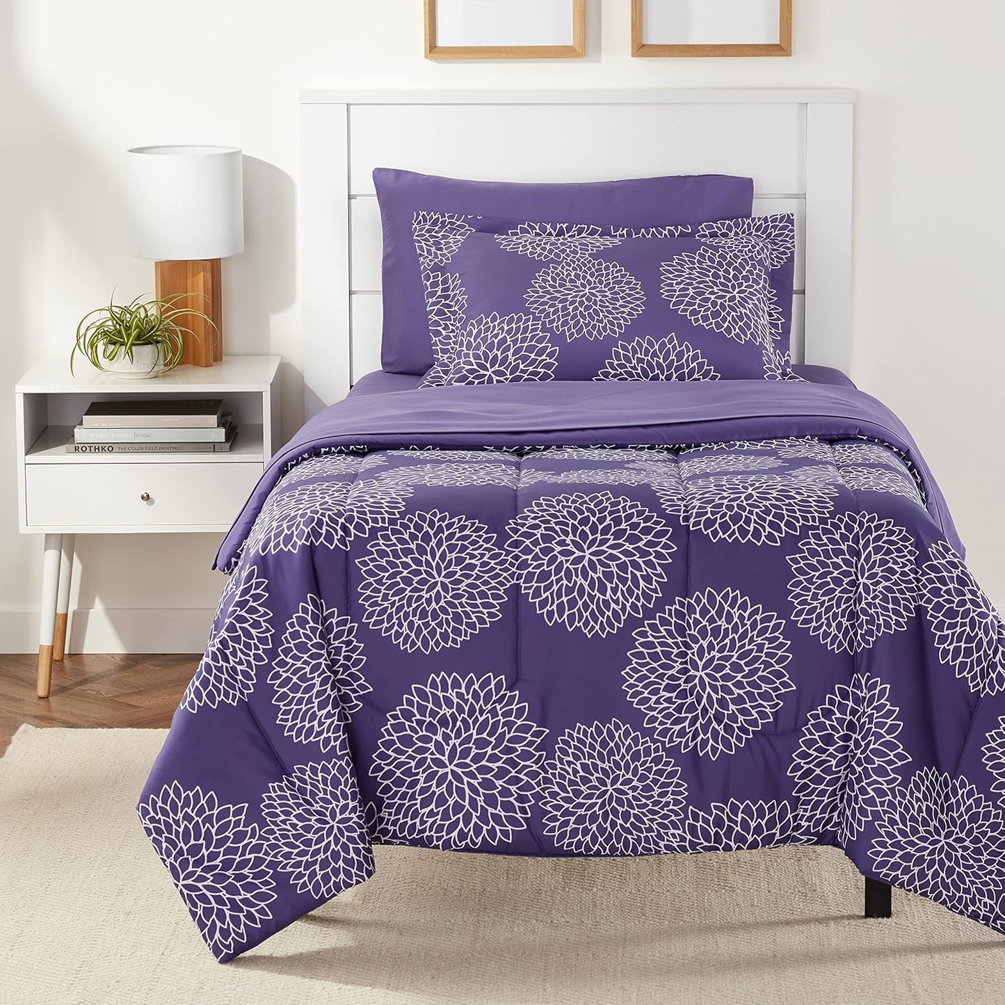 Twin Comforter Set with Sheets, 5-Piece Purple Floral Bedding