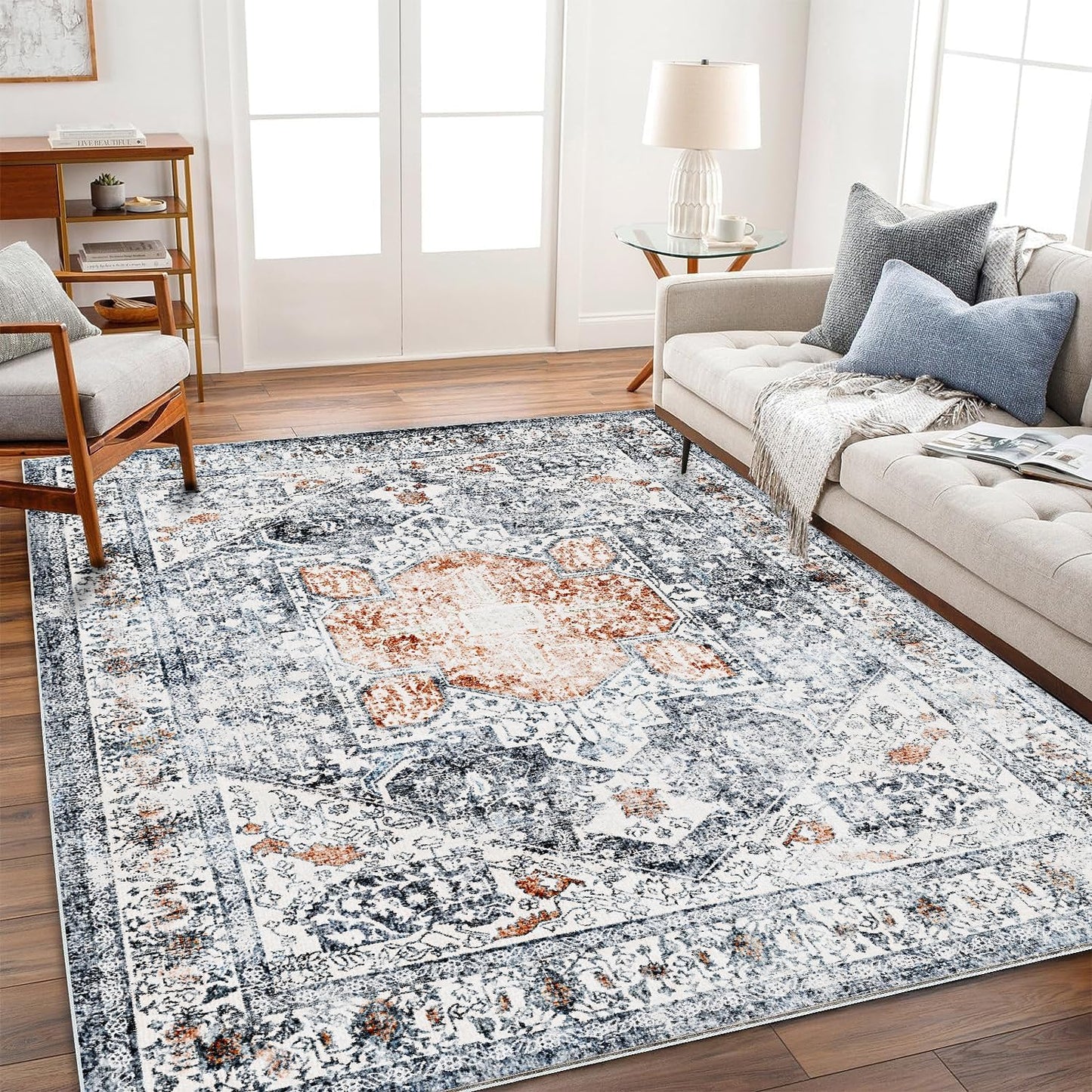 Vintage Traditional Area Rug 8x10 Washable Orange Gray Mat