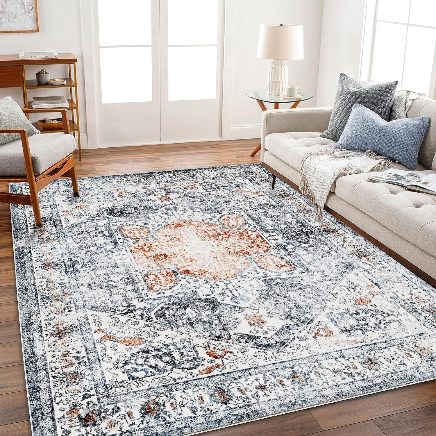 Vintage Traditional Area Rug 8x10 Washable Orange Gray Mat
