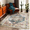 Washable Area Rug 5ftx7ft Retro Beige Blue Boho Chic - Machine