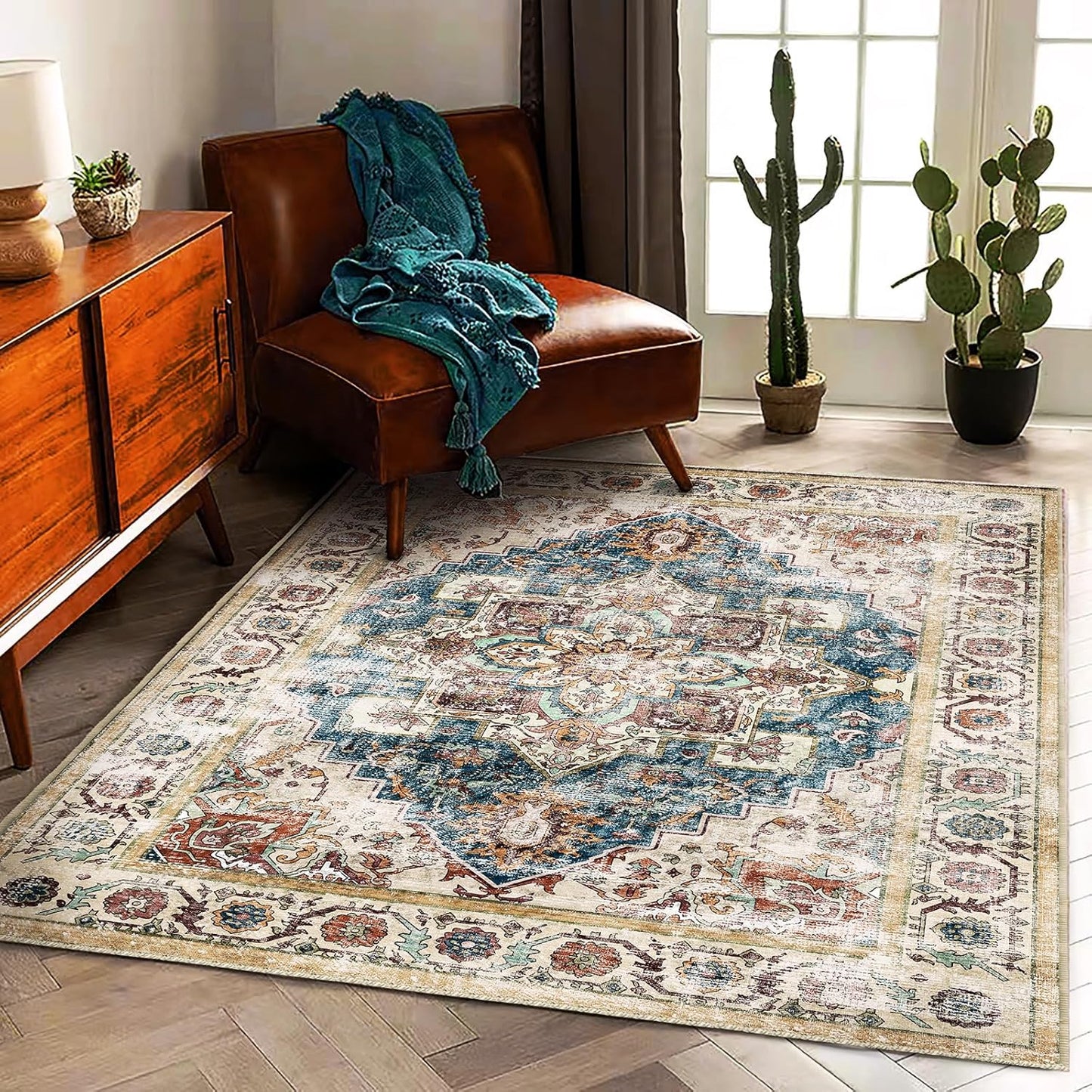 Washable Area Rug 5ftx7ft for Living Room Retro Beige Blue