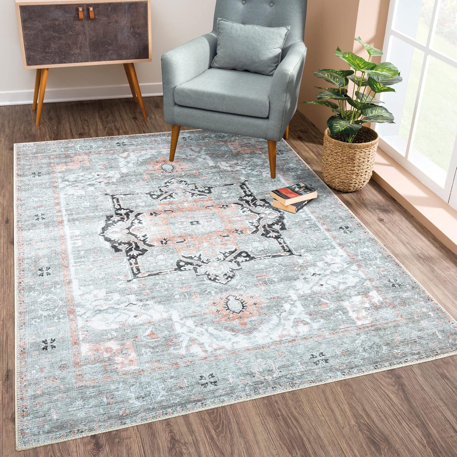 Bloom Rugs Washable Non-Slip 8ft x 10ft Gray/Coral Pink Rug
