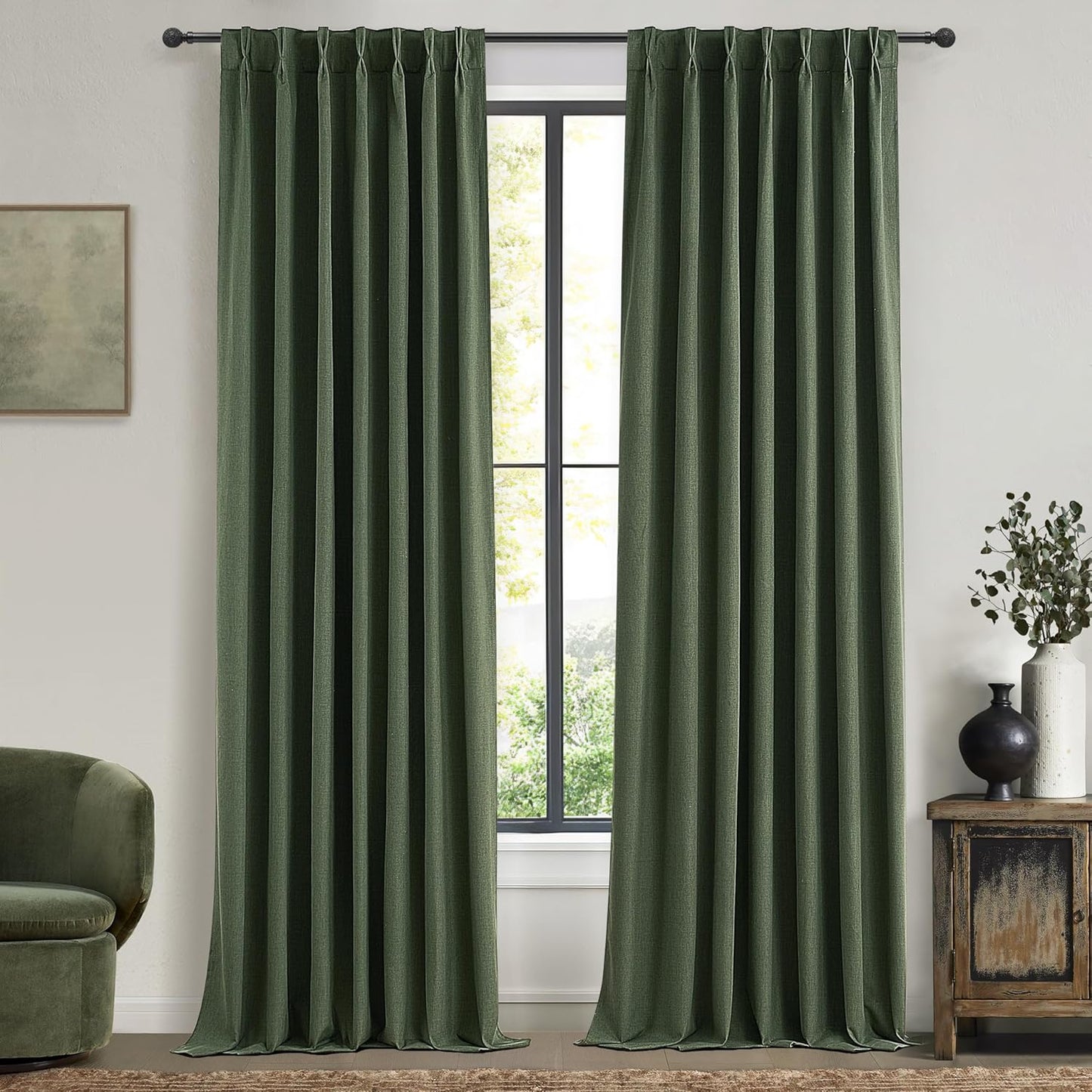 Pinch Pleated Curtains with Rings and Hooks for Dark Olive Green